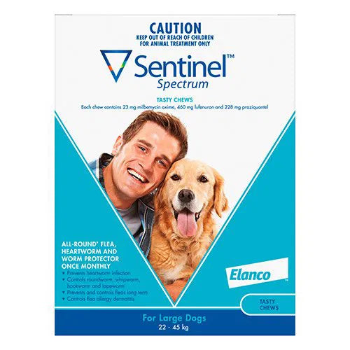 Box of Sentinel Spectrum Tasty Chews for large dogs blue with a man and dog on the packaging at petservo