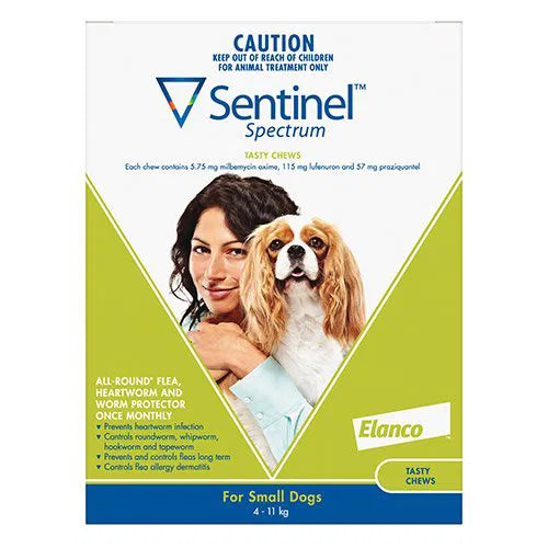 Box of Sentinel Spectrum Tasty Chews for small dogs with a woman and dog on the label.