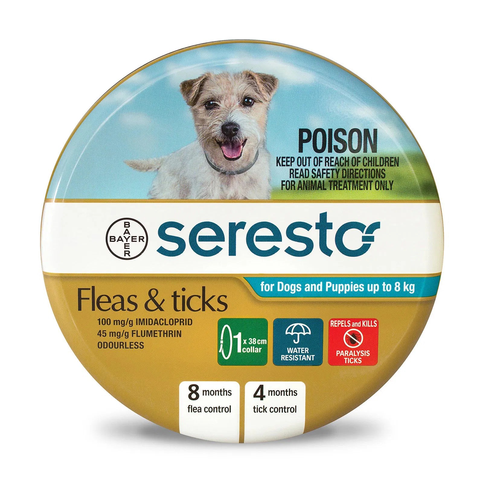 Seresto flea and tick collar packaging for dogs with a dog's face on the label at Pet Servo
