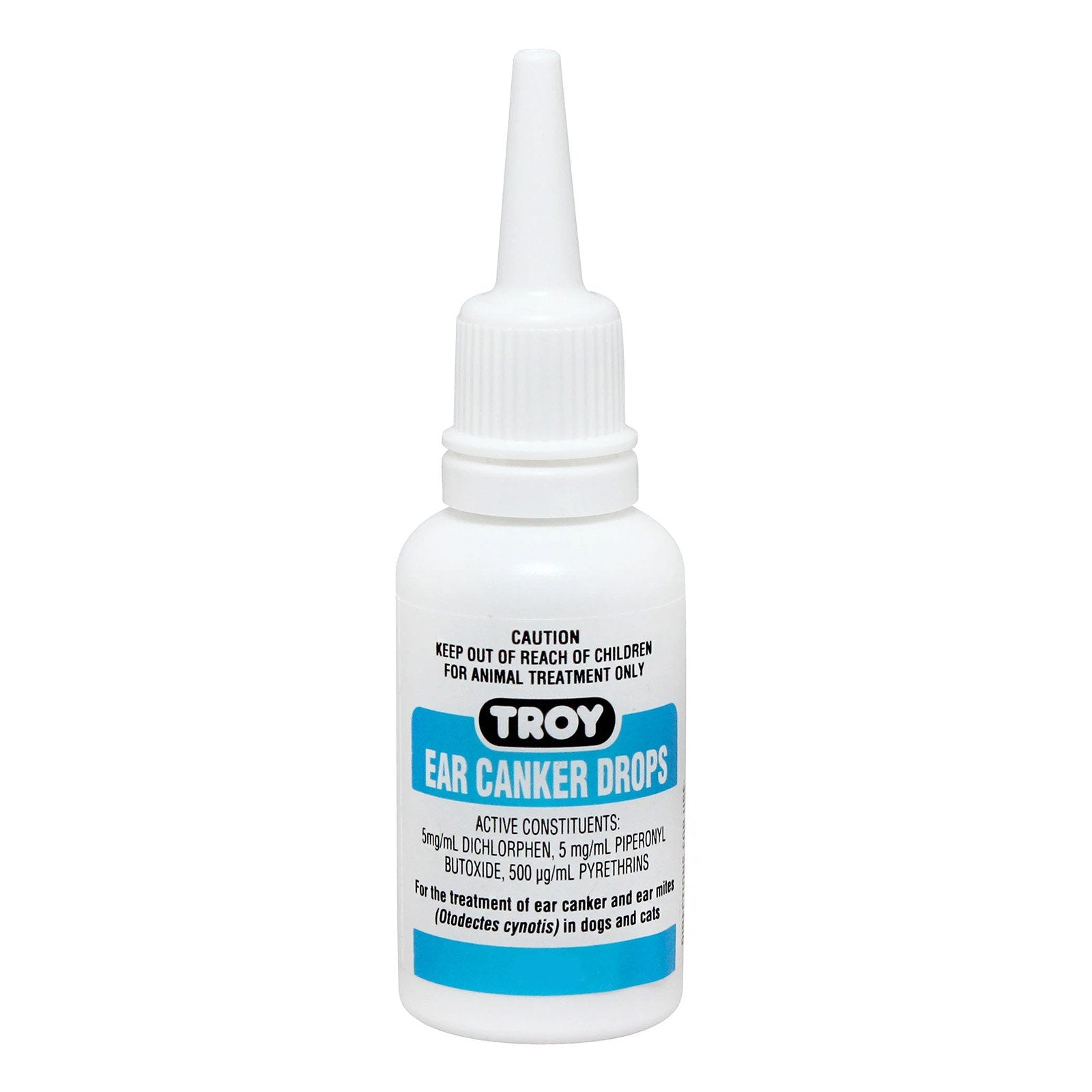 Bottle of Troy Ear Canker Drops on a white background at Pet Servo