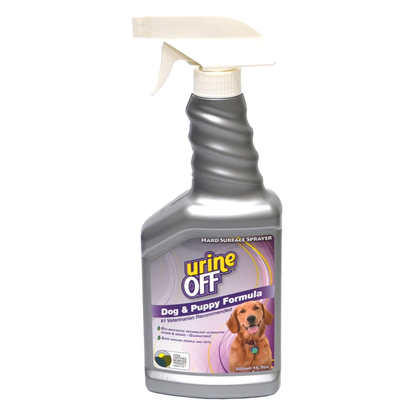 Spray bottle labeled 'urine OFF' for dog and puppy formula on a white background at Pet Servo