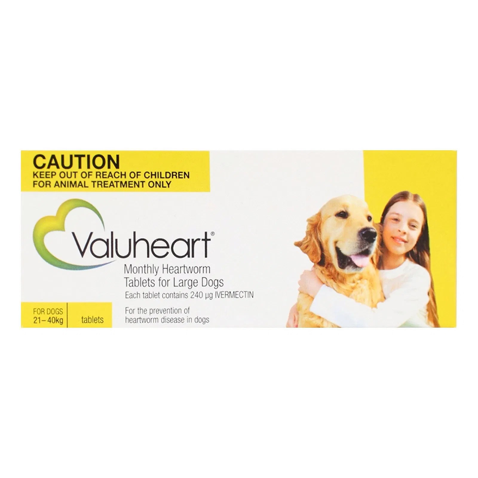 Valuheart heartworm tablet packaging for large dogs with a child and dog illustration on a white background at Pet Servo