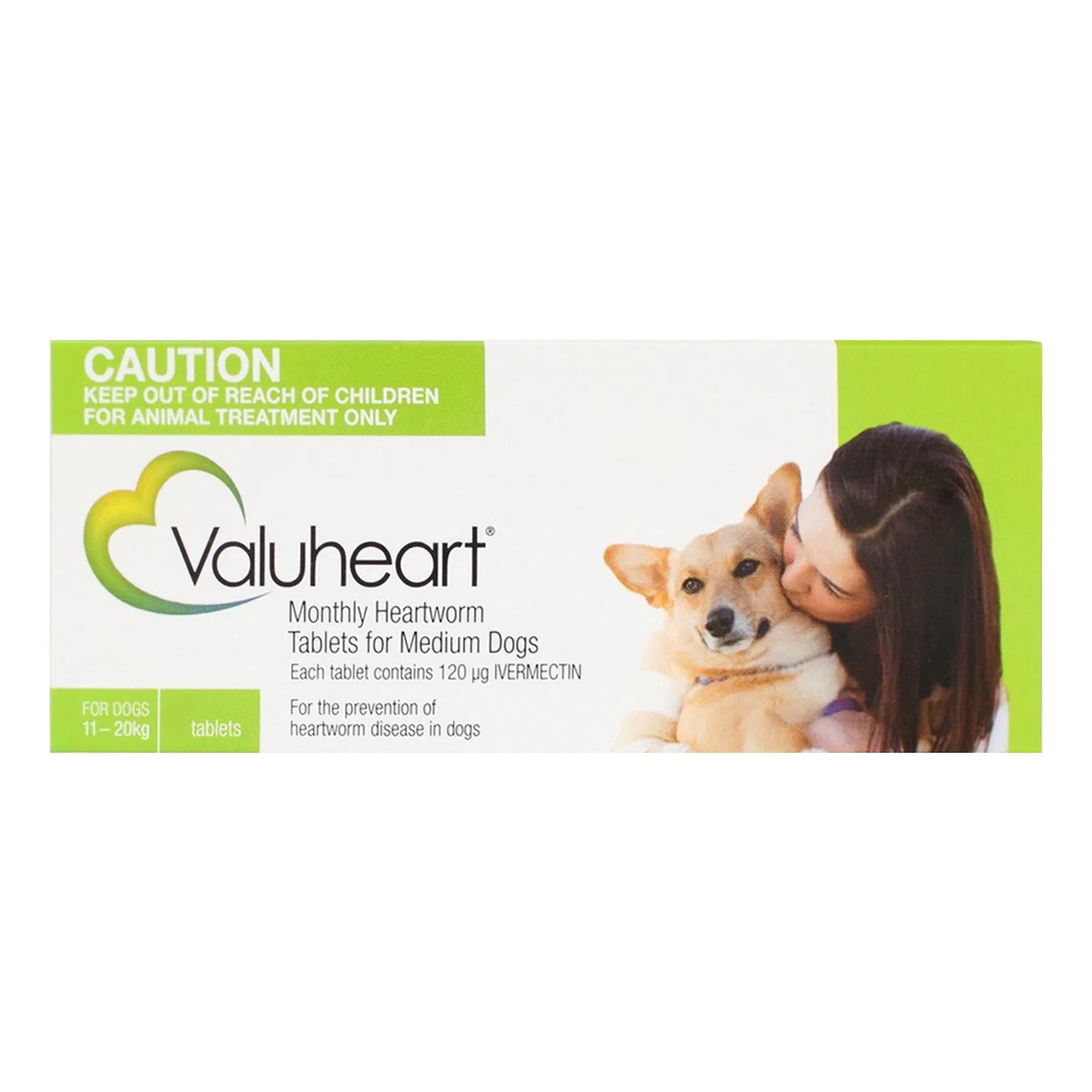 Valuheart heartworm tablet packaging for medium dogs with a woman and dog on a white background at Pet Servo