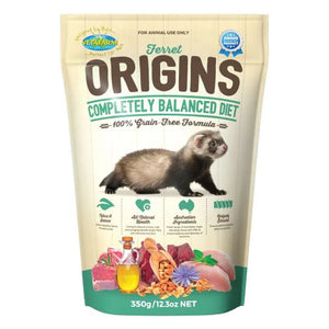 Vetafarm Ferret Origins completely balanced diet packaging 350 gm on a white background at Pet Servo