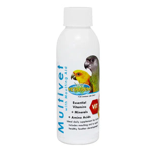 Bottle of Vetafarm Multivet with Moulting Aid for birds on a white background at Pet Servo