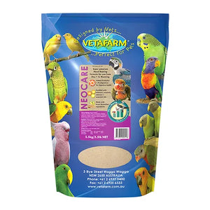 Vetafarm Neocare bird food packaging with colorful parrot illustrations on a blue background at Pet Servo