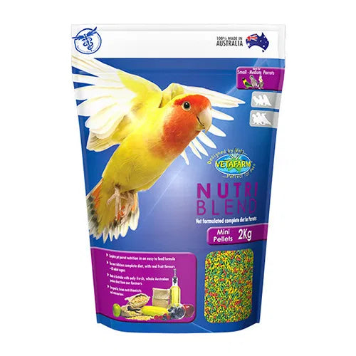 Vetlearn Nutri Blend bird food package with a parrot illustration on a white background at Pet Servo