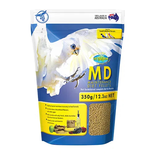 Vetafarm MD Maintenance Diet Pellets packaging for small-medium parrots on a white background at Pet Servo
