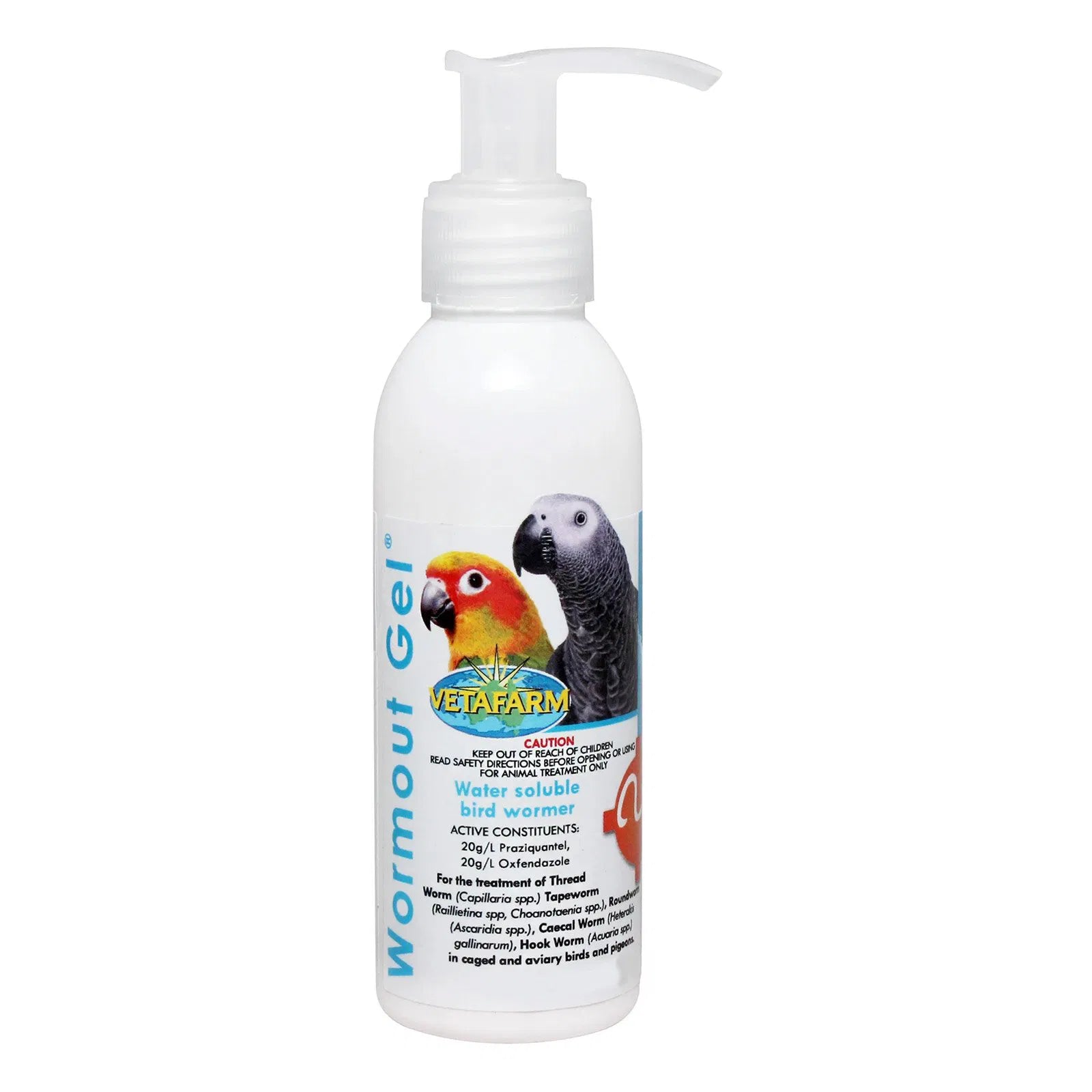 Vetafarm Wormout Gel bottle with parrot illustration on a white background at Pet Servo