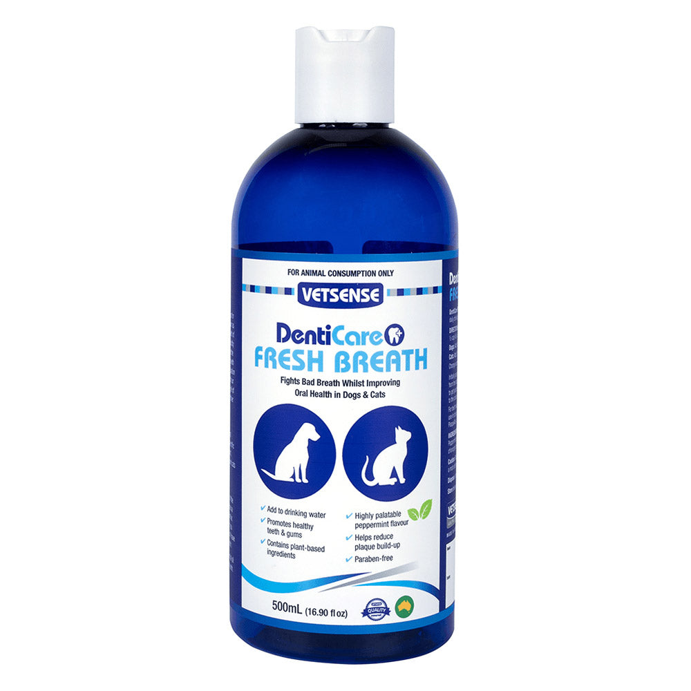 Vetsense DentiCare Fresh Breath pet supplement bottle on a white background at Pet Servo