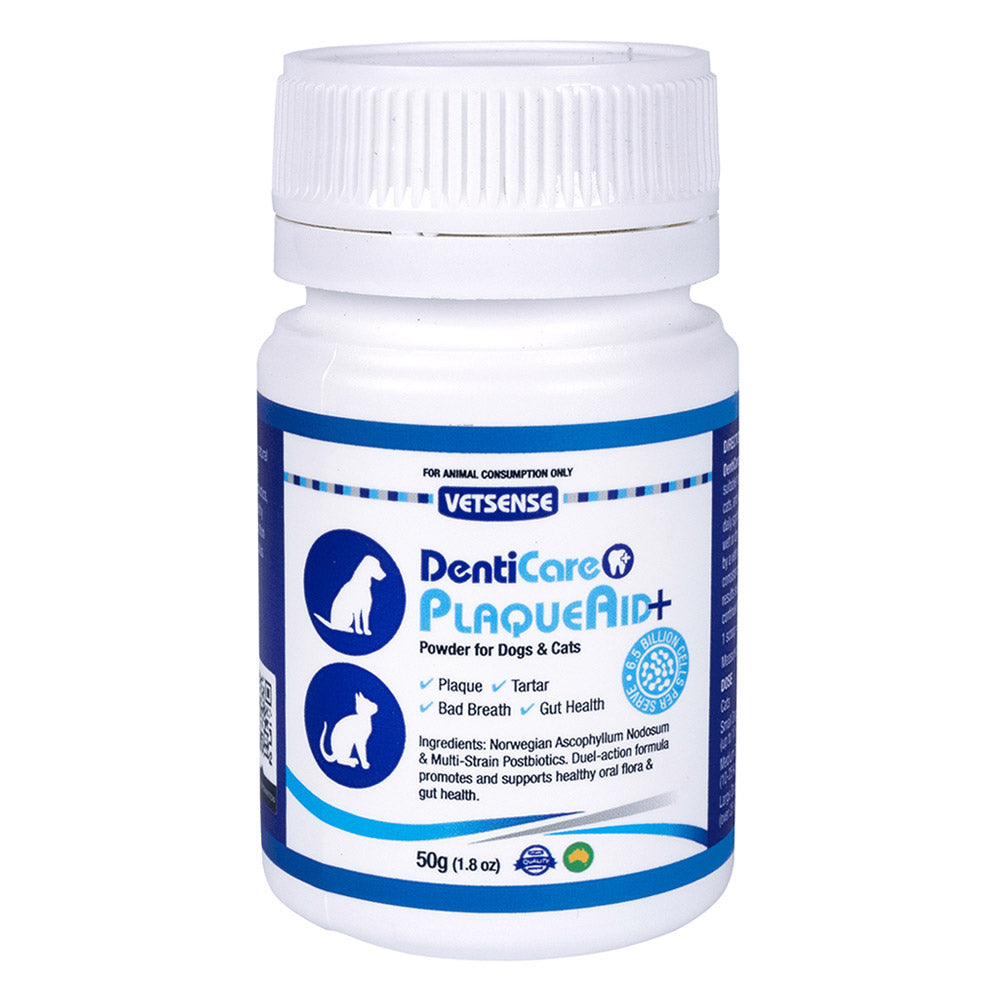 Denticeare PlaqueAid powder bottle for pets on a white background at Pet Servo